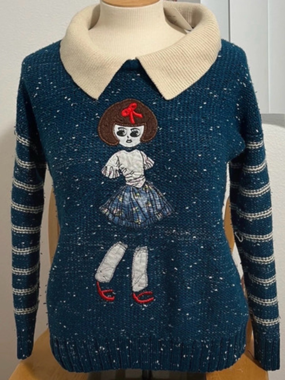 Vintage Coquette Blue Knit Sweater Doll Appliqué Peter Pan Collar Striped Sleeve